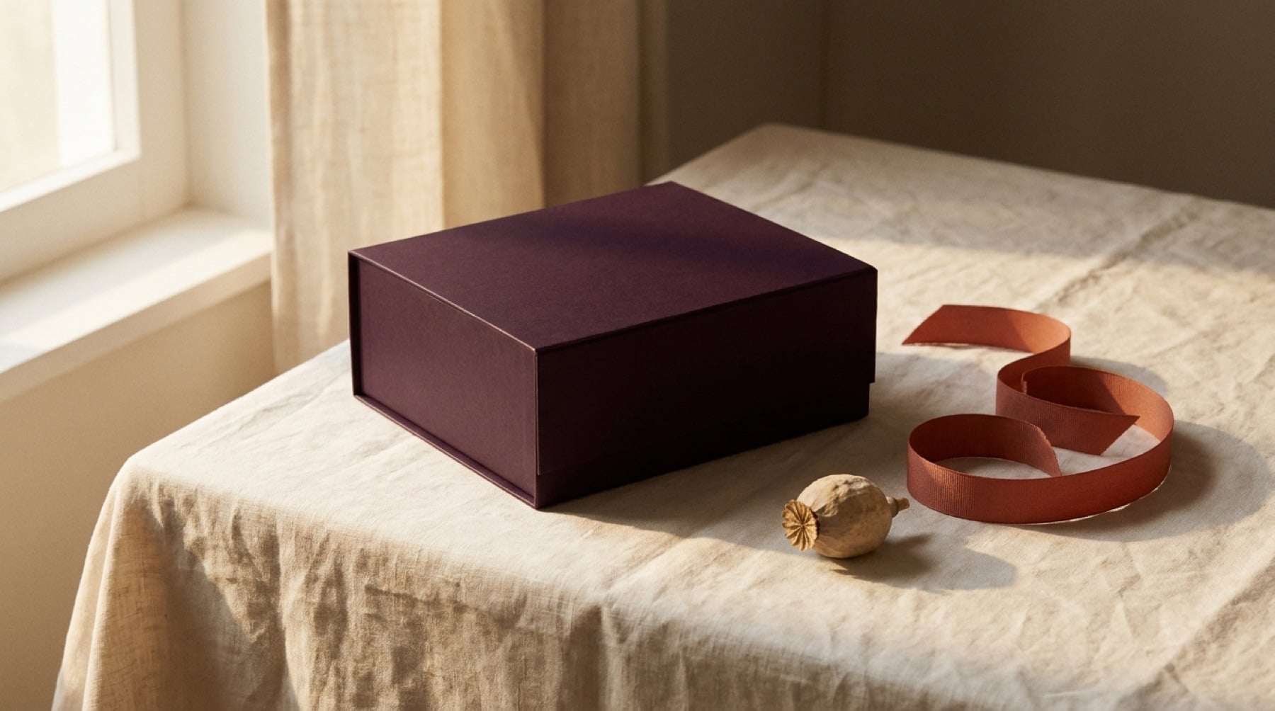 A deep plum gift box and terracotta ribbon on cream linen