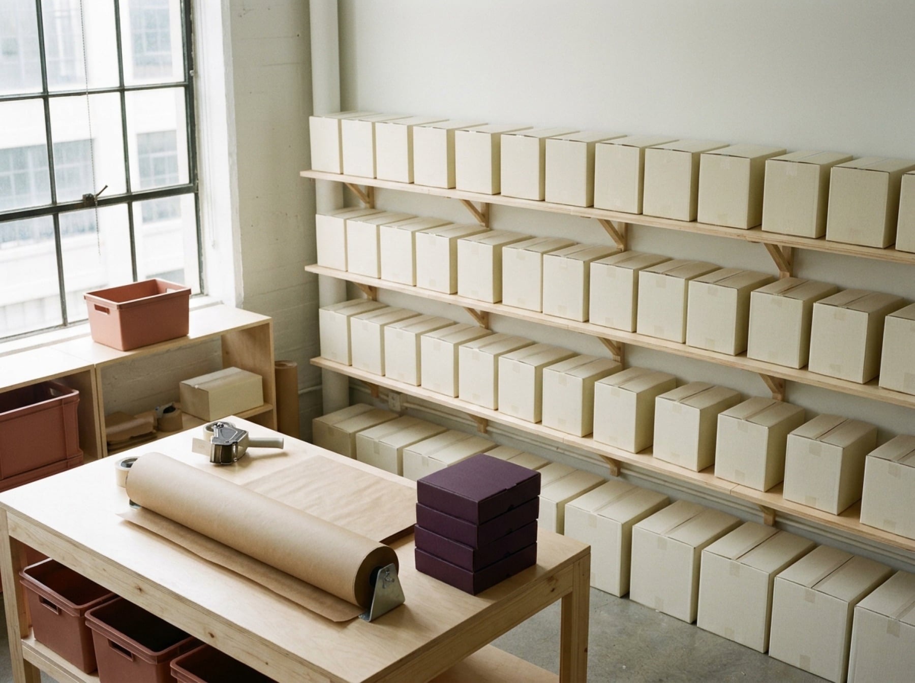 A clean fulfilment room with neat rows of plain shipping cartons